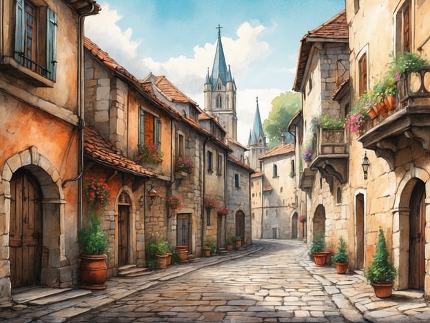 Auf dem Bild ist eine malerische Gasse mit historischen Gebäuden zu sehen, die an die Altstadt von Tallinn erinnert. Die Häuser zeigen eine Mischung aus Stein und Putz und sind mit bunten Blumen geschmückt. Charakteristisch sind die schmalen Straßen und die charmante, gemütliche Atmosphäre, die typisch für die mittelalterliche Architektur der Altstadt von Tallinn ist. Man sieht auch Türme im Hintergrund, die an die bekannten Kirchen und Gebäude der Stadt erinnern.