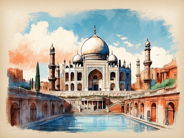 Auf dem Bild ist ein kunstvoll gezeichnetes Gebäude zu sehen, das an die Architektur des Taj Mahal in Indien erinnert, mit seinen charakteristischen Kuppeln und Minaretten. Die lebhaften Farben und die Darstellung der umgebenden Landschaft verleihen dem Bild eine romantische Atmosphäre.

Wenn man sich die Geschichte Bukarests ansieht, fällt auf, dass die Stadt zahlreiche Einflüsse aus verschiedenen Kulturen und Epochen erfahren hat. Wie das Taj Mahal, das als Symbol für Liebe und Geschichte gilt, ist auch Bukarest durch meisterhafte Bauwerke geprägt, die die Zeit überdauert haben. Die Mischung aus neoklassizistischen, barocken und modernen Stilen in Bukarest spiegelt die Vielfalt und den kulturellen Reichtum dieser Stadt wider.