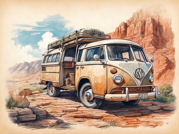 Auf dem Bild ist ein vintage VW-Bus zu sehen, der in einer beeindruckenden Landschaft geparkt ist. Diese Szene bietet zahlreiche Aktivitäten und Unternehmungsmöglichkeiten:

1. **Roadtrip**: Die Umgebung lädt zu einem abenteuerlichen Roadtrip durch malerische Landschaften ein. Man könnte verschiedene Sehenswürdigkeiten erkunden.

2. **Camping**: Mit einem solchen Bus ist Camping ideal. Man könnte ein Zelt aufschlagen, am Lagerfeuer sitzen und die Natur genießen.

3. **Wandern**: Die umliegenden Berge und Pfade bieten großartige Möglichkeiten zum Wandern und die Erkundung der Natur.

4. **Fotografie**: Die schöner Umgebung und der Oldtimer-Bus sind perfekte Motive für Fotografie. Man könnte atemberaubende Bilder schießen.

5. **Picknick**: Ein Picknick in der Natur wäre eine entspannende Möglichkeit, den Tag zu verbringen.

Diese Aktivitäten bieten eine tolle Gelegenheit, die Natur zu genießen und unvergessliche Erlebnisse zu schaffen.