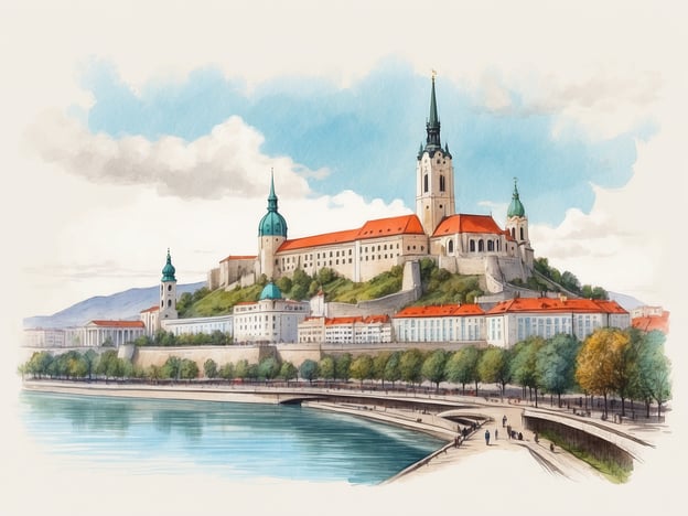 Auf dem Bild ist die Bratislavský hrad, die Bratislavaer Burg, zu sehen. Sie thront majestätisch über der Stadt und bietet einen herrlichen Blick auf die umliegende Landschaft und die Donau. Die charakteristischen Türme mit den grünen Kuppeln und das historische Gebäude sind markante Merkmale dieser Sehenswürdigkeit. Im Vordergrund könnte man die Uferpromenade der Donau sehen, wo Spaziergänger entlang des Wassers flanieren.