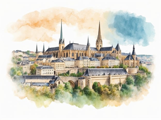 Auf dem Bild ist eine künstlerische Darstellung der Architektur und des Stadtbildes von Luxemburg-Stadt zu sehen. Die berühmte Kathedrale Notre-Dame mit ihren hohen Türmen und gotischen Elementen ist im Vordergrund dominant. Um sie herum sind die charakteristischen Häuser Luxemburgs mit ihren schlichten und eleganten Fassaden sowie die ehemaligen Festungsanlagen sichtbar, die die Stadt prägen. Die sanften Farben und der aquarellartige Stil verleihen der Szene eine malerische und einladende Atmosphäre, die die historische und kulturelle Bedeutung der Stadt widerspiegelt.