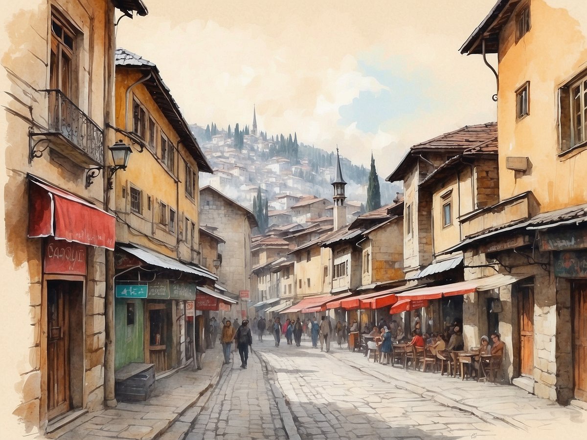 Eine malerische Straßenansicht in Sarajevo, wo historische Gebäude mit gelben und steinigen Fassaden die Szenerie prägen. Die Straße ist gepflastert und verläuft sanft in die Ferne, während Menschen in kleinen Gruppen flanieren. An den Seiten der Straße befinden sich einladende Cafés mit roten Sonnenschirmen, an denen Gäste sitzen und die Atmosphäre genießen. Im Hintergrund sind sanfte Hügel und weitere Gebäude zu sehen, die die hügelige Topografie der Stadt widerspiegeln. Die gesamte Szene vermittelt ein Gefühl von lebendiger Kultur und Geschichte.