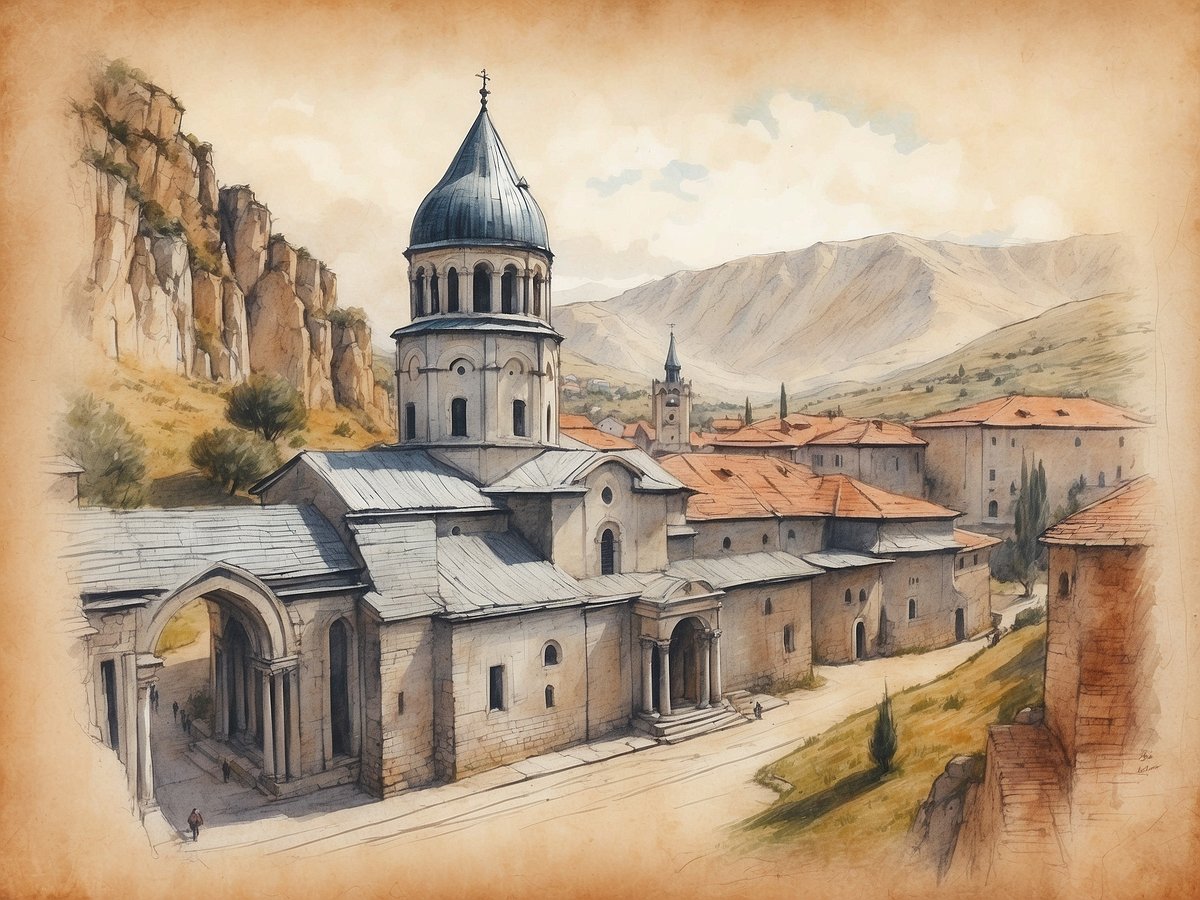 Eine historische Landschaft in Bosnien und Herzegowina ist zu sehen, mit einem imposanten Klostergebäude im Vordergrund. Der Kirchturm mit einer blauen Kuppel erhebt sich über die umliegenden Strukturen, die von roten Ziegeldächern geziert sind. Im Hintergrund erstrecken sich sanfte Hügel und Berge, die eine malerische Kulisse bieten. Entlang der Straße sind Spaziergänger zu erkennen, die die ruhige Atmosphäre genießen. Der Himmel ist hell und wolkenlos, was die natürliche Schönheit der Umgebung verstärkt.