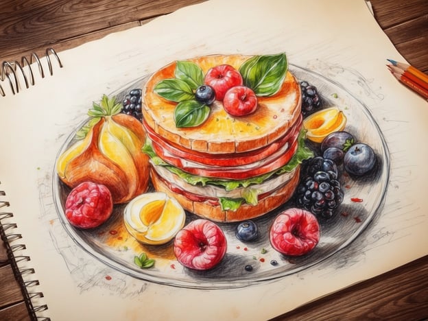 Auf dem Bild ist eine kunstvolle Darstellung eines Sandwiches zu sehen, geschichtet mit verschiedenen Gemüse- und Obstsorten, umgeben von frischen Beeren und weiteren Früchten. Dieses Bild könnte gut zu den kulinarischen Genüssen in Belgrad passen, wo man eine Vielfalt an frischen Zutaten und kreativen Gerichten findet. In Belgrad sind z.B. traditionelle Gerichte wie „ćevapi“ oder „sarma“ sehr beliebt, aber auch moderne Cafés bieten fantasievolle Sandwiches und frische Salate, die mit lokalen Zutaten zubereitet werden. Die Verwendung von frischem Obst und Gemüse, wie auf dem Bild, ist in der serbischen Küche oft zu finden.