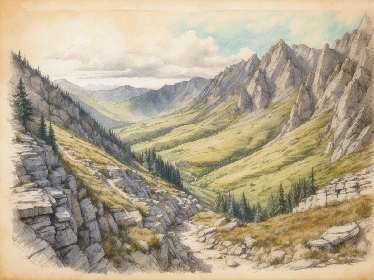 Eine malerische Landschaft mit sanften Hügeln und markanten Felsen umrahmt ein breites Tal, das in der Ferne von Bergen flankiert wird. Grünes Gras und strauchartige Bäume bedecken die Hänge, während die Wolken am blauen Himmel leicht vorbeiziehen. Der Weg im Vordergrund führt durch das felsige Terrain und lädt zu Erkundungen ein, was diese Szenerie zu einem Wanderparadies zwischen den Rhodopen und dem Rila-Gebirge macht.