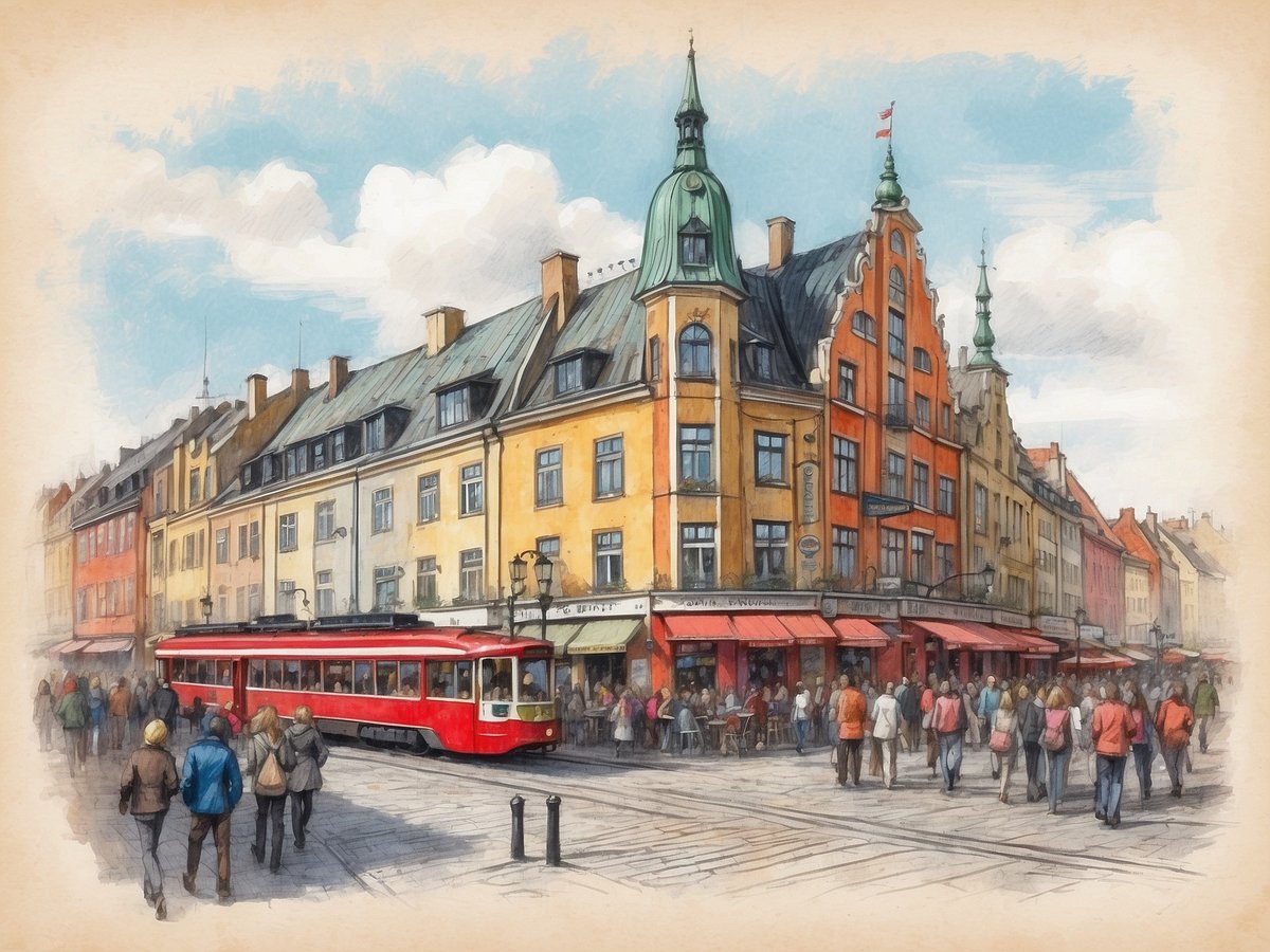 Eine belebte Straßenansicht mit einem roten Straßenbahnwagen, der an einem Platz fährt. Die Umgebung besteht aus bunten, historischen Gebäuden mit verschiedenen Dächern. Menschen schlendern auf dem Bürgersteig und versammeln sich an den Tischen von Cafés und Restaurants. Der Himmel ist hell und freundlich, mit einigen Wolken, die die Szenerie auflockern. Die Atmosphäre ist lebendig und spiegelt das städtische Leben in Dänemark wider.