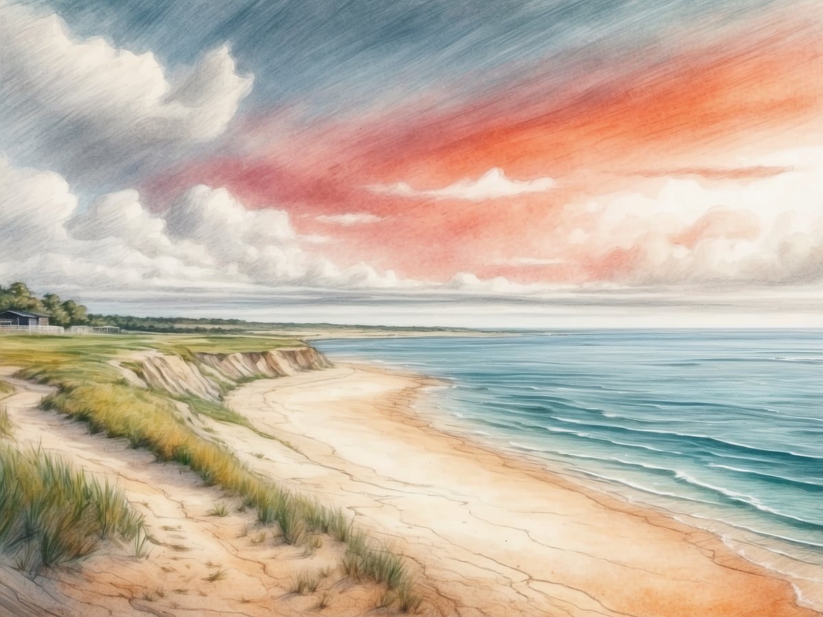 Ein malerischer Strand in Dänemark mit sanften Dünen und weichem, goldenem Sand. Im Vordergrund führen schmale Pfade durch das grüne Gras, während die Küste sanft ins Meer übergeht. Der Himmel ist mit Wolken geschmückt, die in verschiedenen Grautönen und einem warmen Rotton erleuchtet sind, was auf einen bevorstehenden Sonnenuntergang hindeutet. Die ruhigen Wellen reflektieren das Licht und schaffen eine Atmosphäre der Entspannung und Naturverbundenheit.
