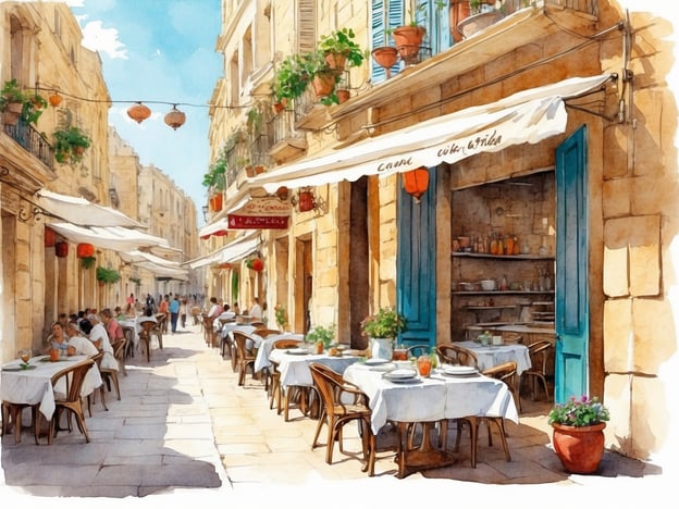 Auf dem Bild ist eine malerische Straße in Valletta zu sehen, die von charmanten Restaurants gesäumt ist. Die Außenterrassen sind mit weißen Tischdecken gedeckt, und es gibt Pflanzen und dekorative Laternen, die für eine einladende Atmosphäre sorgen. 

Kulinarische Highlights in Valletta umfassen traditionelle maltesische Gerichte wie *Pastizzi* (Blätterteiggebäck mit Ricotta oder Erbsenfüllung), *Fenek* (Hasenfleisch), und *Bragioli* (gefülltes Rindfleisch). Außerdem sind Meeresfrüchte und die maltesische Variante von *Pizza* sehr beliebt. Die kleinen Cafés bieten auch ein hervorragendes Angebot an lokalen Weinen und süßen Leckereien wie *Kannoli*.