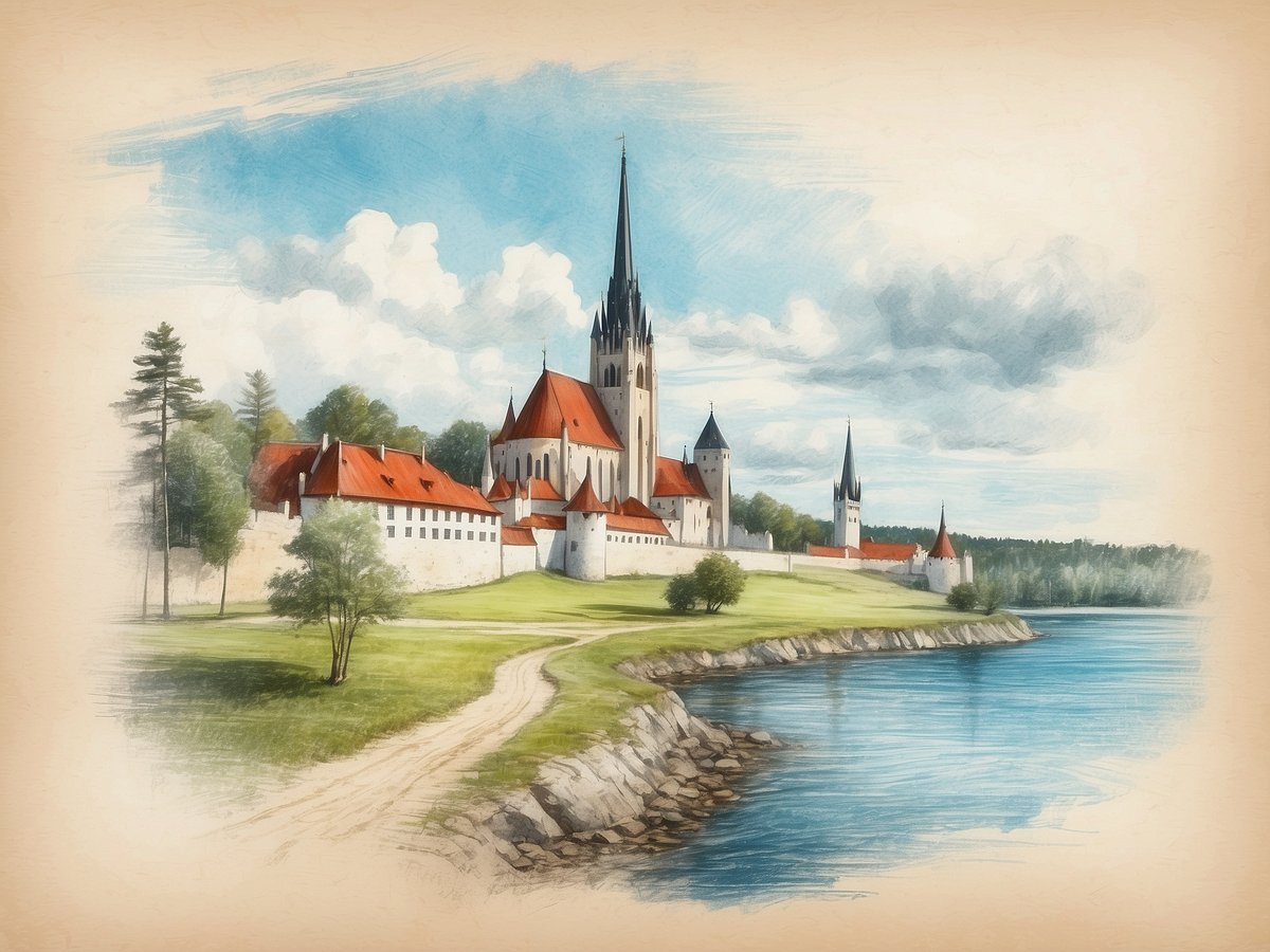 Eine malerische Landschaft zeigt eine beeindruckende Burganlage mit roten Dächern und hohen Türmen, die sich majestätisch am Ufer eines ruhigen Wassers ausbreitet. Der Himmel ist blau mit weißen, fluffigen Wolken, während die Umgebung von saftigem Grün geprägt ist. Ein geschwungener Weg führt entlang des Wassers, umgeben von Bäumen und Wiese, und unterstreicht die friedliche Atmosphäre dieses historischen Ortes.