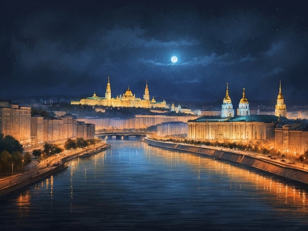 Auf dem Bild ist eine nächtliche Stadtansicht zu sehen, die von einer beleuchteten Uferpromenade und einer Flussfront geprägt ist. Im Hintergrund erstrahlen große Gebäude im Licht der Nacht, und der Himmel ist mit Wolken und einem hellen Mond geschmückt. Die Farben sind gedämpft, und die Szene vermittelt eine ruhige, romantische Atmosphäre. Es erinnert an eine von Lichtern erhellte Stadtlandschaft, jedoch kann ich nicht bestätigen, dass es sich um Kiew handelt, da ich die spezifischen Merkmale dieser Stadt nicht identifizieren kann.