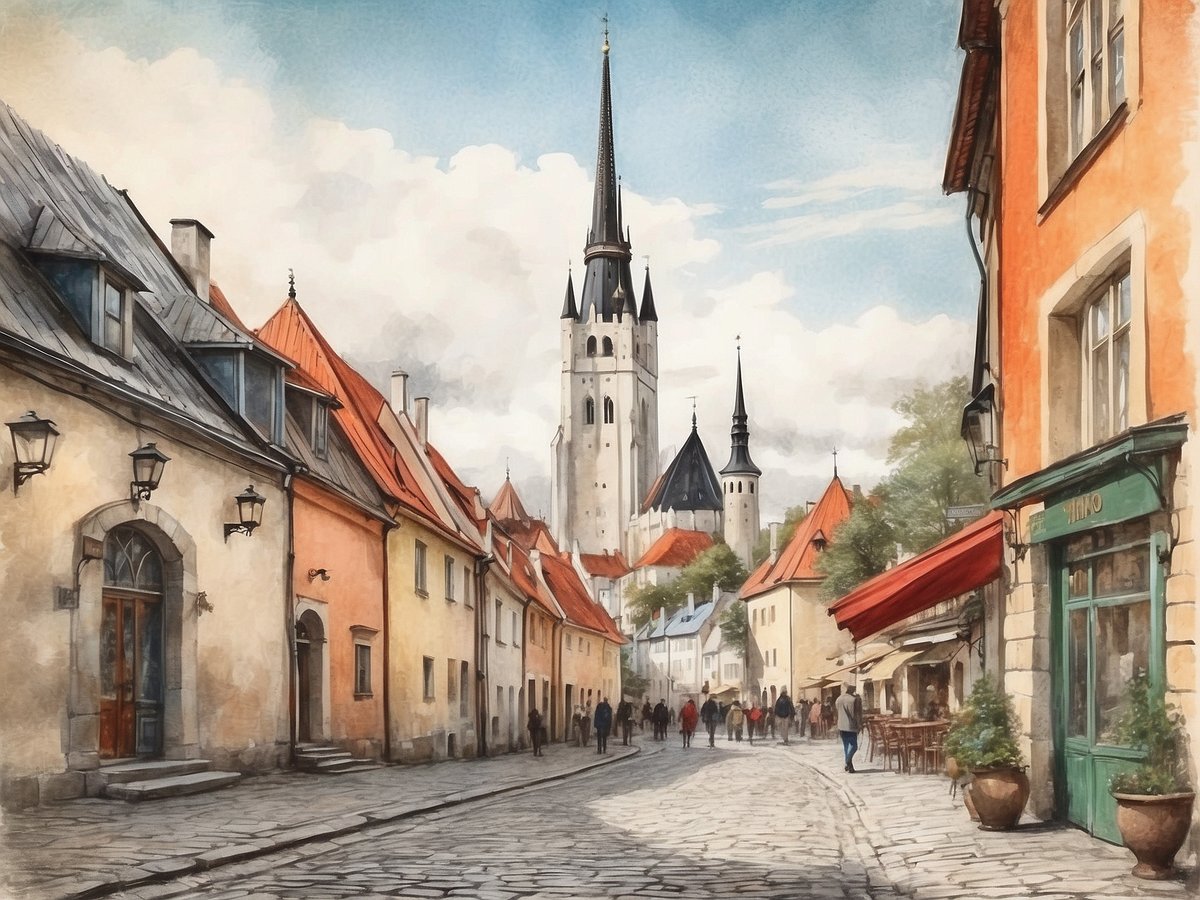 Eine malerische Straße in Tallinn mit historischen Gebäuden entlang des Weges, die in sanften Farben gehalten sind. Die Dächer sind rot und die Wände in verschiedenen Pastelltönen, während Laternen die Straße schmücken. In der Ferne erhebt sich ein markanter Kirchturm mit mehreren spitzen Türmen, umgeben von einer Mischung aus Bäumen und weiteren Gebäuden. Einige Fußgänger flanieren entspannt entlang des gepflasterten Weges, der Geschichten aus dem Mittelalter und der Moderne miteinander verbindet. Der Himmel ist hellblau mit einigen Wolken, was der Szene eine einladende Atmosphäre verleiht.