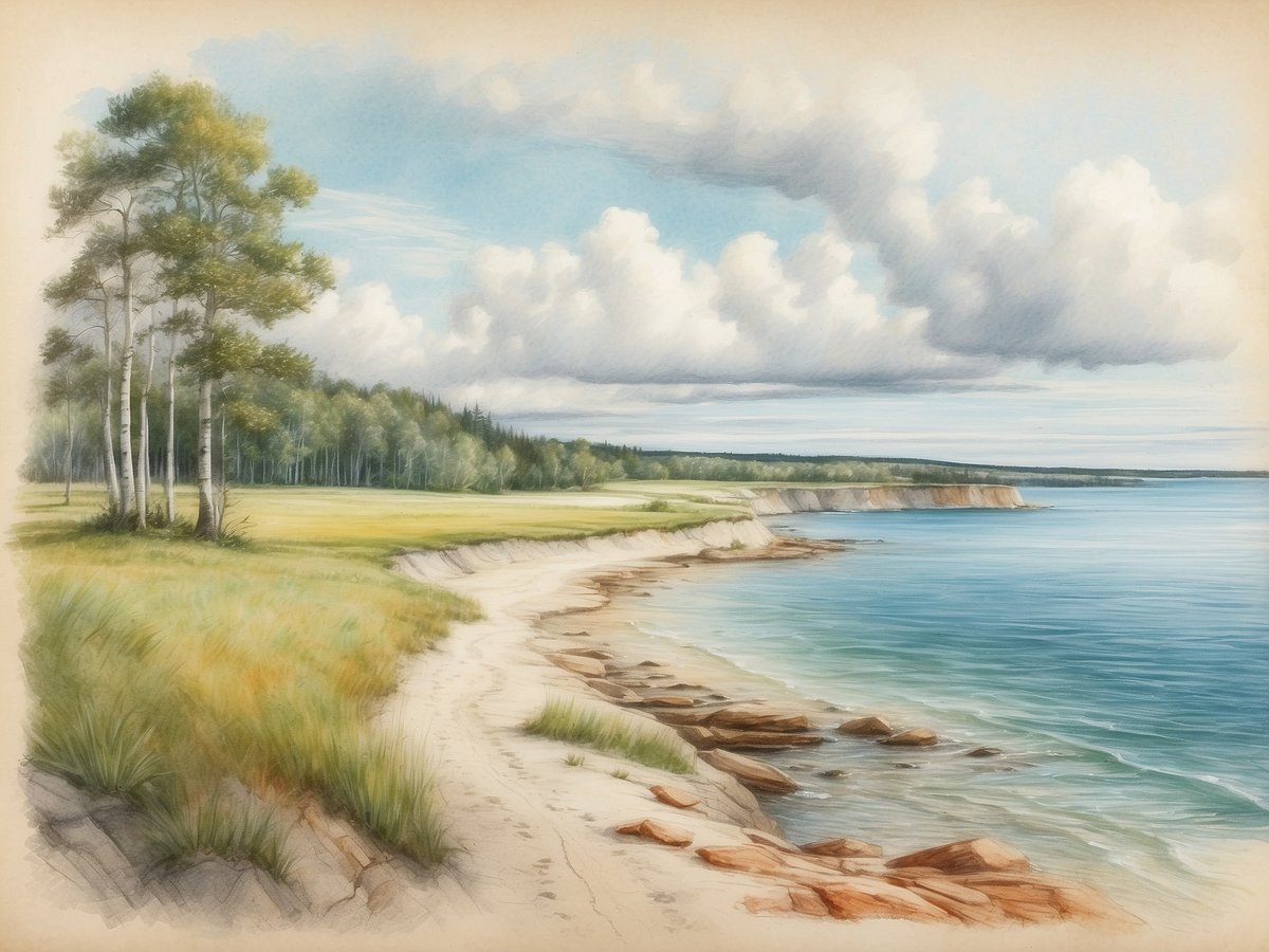 Eine malerische Küstenlandschaft mit sanft geschwungenen Strandlinien, umgeben von üppigem Grün und einer ruhigen Wasseroberfläche. Im Vordergrund stehen schlanke Bäume, deren Blätter im Wind wehen. Das Wasser ist klar und reflektiert den blauen Himmel mit großen, weißen Wolken. Im Hintergrund erstreckt sich ein bewaldeter Hügel, der der Szenerie Tiefe verleiht. Die weichen Farben und die harmonische Komposition vermitteln ein Gefühl von Frieden und unberührter Natur, ideal für die Entdeckung Estlands Nationalparks und Inseln.