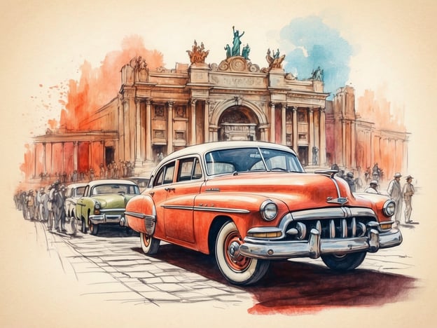 Auf dem Bild ist eine nostalgische Straßenansicht mit einem auffälligen orangefarbenen Auto und einem grünen Auto im Hintergrund dargestellt. Die Szenerie erinnert an eine belebte Stadtstraße, die an ein historisches Gebäude grenzt, das an die Architektur in Rijeka erinnert. Die Menschenmenge, die in Richtung des Gebäudes strömt, vermittelt eine lebendige Atmosphäre.

Rijeka, bekannt für ihre kulturelle Vielfalt, könnte durch die Kombination von alter Architektur und dem städtischen Leben in dieser Darstellung symbolisiert werden. Die Farben und der künstlerische Stil verleihen dem Bild eine nostalgische Note, die im Zusammenhang mit dieser Hafenstadt für die bedeutende Rolle ihrer Geschichte und Kultur steht. Die Fahrzeuge und die Menschen tragen zur Darstellung einer lebendigen, dynamischen städtischen Szene bei.