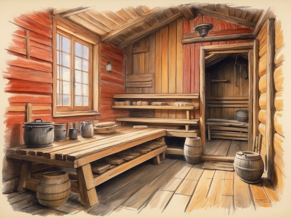 Ein traditionelles estnisches Saunainneres ist dargestellt, mit einer warmen, einladenden Atmosphäre. Die Wände sind aus rustikalem Holz in verschiedenen Rottönen, und große Fenster lassen Tageslicht hinein. In der Mitte steht ein stabiler Holztisch, umgeben von verschiedenen Töpfen und einem Brotkorb. An den Wänden befinden sich Regale mit weiteren Utensilien. Rechts führt eine offene Tür zu einem separaten Saunabereich, der mit Holzregalen ausgestattet ist. Im Raum stehen auch einige Fässer, die zur traditionellen Saunakultur gehören und eine entspannende, authentische Stimmung erzeugen.
