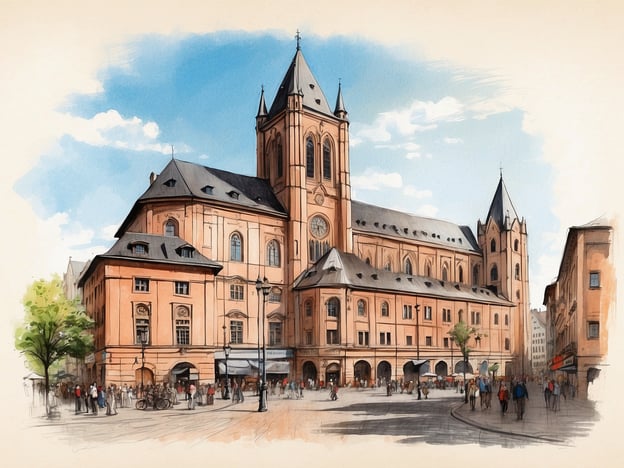 Auf dem Bild ist eine kulturelle Szene in Mainz zu sehen. Im Vordergrund sind zahlreiche Menschen zu erkennen, die sich um ein großes, historisches Gebäude versammeln. Dieses Gebäude könnte eine Kirche oder ein historisches Rathaus sein, das durch seine markanten Türme und die elaborate Architektur auffällt. Die Umgebung scheint lebhaft zu sein, mit Bäumen und Straßenlaternen, was auf eine belebte Innenstadt hindeutet. Diese Art von Szenerie ist typisch für die altehrwürdige Stadt Mainz, die reich an Geschichte und Kultur ist.