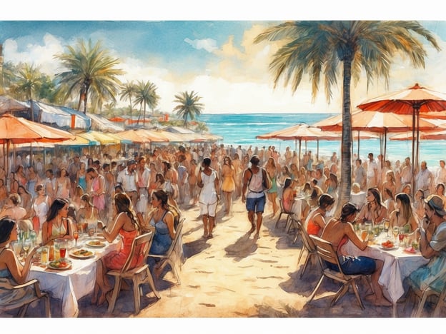 Auf dem Bild ist eine lebhafte Strandveranstaltung zu sehen. Es scheint ein sonniger Tag zu sein, und viele Menschen genießen die Atmosphäre am Meer. Tische sind aufgestellt, an denen Gäste Essen und Getränke genießen. Die bunten Sonnenschirme bieten Schatten und tragen zur festlichen Stimmung bei. Diese Szene könnte Teil eines Strandfestes oder einer Sommerfeier sein, wo Leute zusammenkommen, um zu essen, zu trinken und sich zu amüsieren. Die Palmen im Hintergrund verleihen dem Bild ein tropisches Flair, perfekt für eine entspannte Feier am Strand.