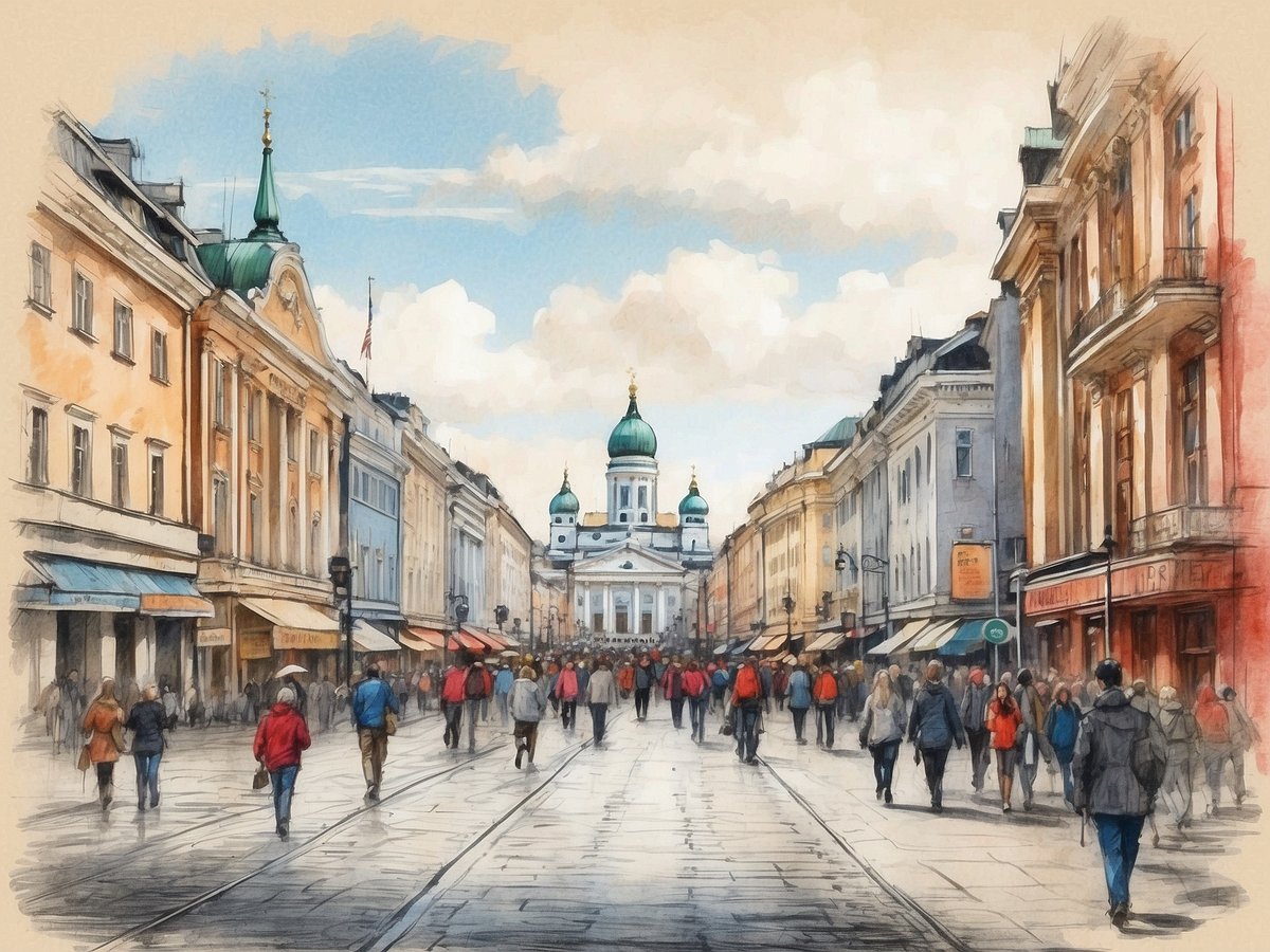 Blick auf eine belebte Straße in Helsinki, gesäumt von historischen Gebäuden mit bunten Fassaden. In der Mitte der Szene erhebt sich eine beeindruckende Kathedrale mit grünen Kuppeln. Menschen schlendern die Straße entlang, viele tragen rote und graue Jacken. Der Himmel ist leicht bewölkt und vermittelt eine freundliche Atmosphäre. Die Architektur und die lebendige Straßenaktivität spiegeln das Stadtleben und die kulturelle Vielfalt Helsinkis wider.