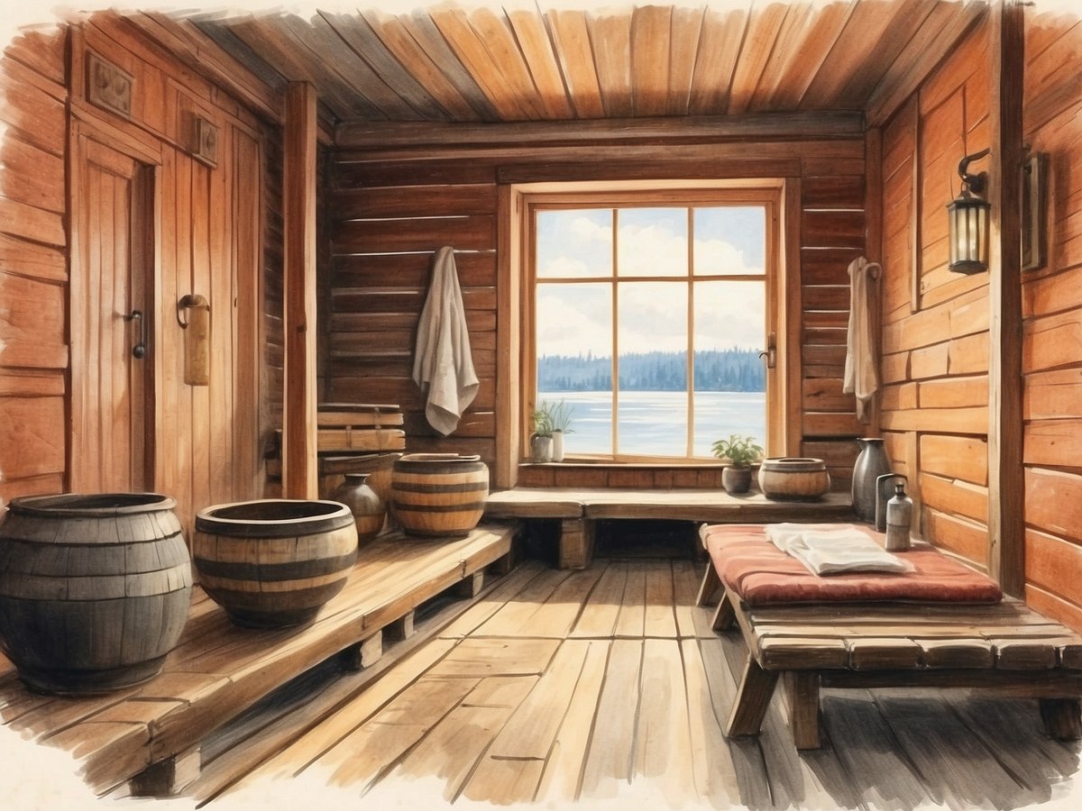 Ein rustikales Sauna-Innenraum mit Holzwänden und einem großen Fenster, das einen Blick auf einen See und bewaldete Ufer bietet. Im Raum sind mehrere hölzerne Fässer und Utensilien verteilt, darunter eine kleine Pflanze auf einem Holzregal. Eine Liegefläche mit einem roten Kissen und einem Handtuch lädt zum Entspannen ein, während helle Holzböden eine warme und einladende Atmosphäre schaffen. Die sanfte Beleuchtung ergänzt die ruhige, entspannende Umgebung.