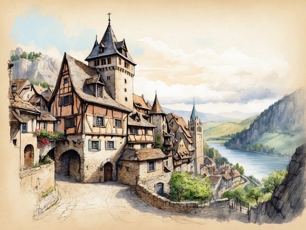 Auf dem Bild ist eine malerische Landschaft mit mittelalterlichen Gebäuden zu sehen, die an die charmante Stadt Bacharach am Rhein erinnert. Die Fachwerkhäuser mit ihren charakteristischen Dächern und der steinerne Turm vermitteln ein Gefühl von Geschichte und Tradition. Im Hintergrund fließt der Rhein, umgeben von sanften Hügeln und einer malerischen Natur, die die reizvolle Kulisse von Bacharach widerspiegelt. Diese Stadt ist bekannt für ihre Weinfeste und die atemberaubenden Ausblicke auf den Fluss, und solch ein Bild könnte leicht aus der Zeit gefallen sein, in der Bacharach ein wichtiges Handelszentrum war.