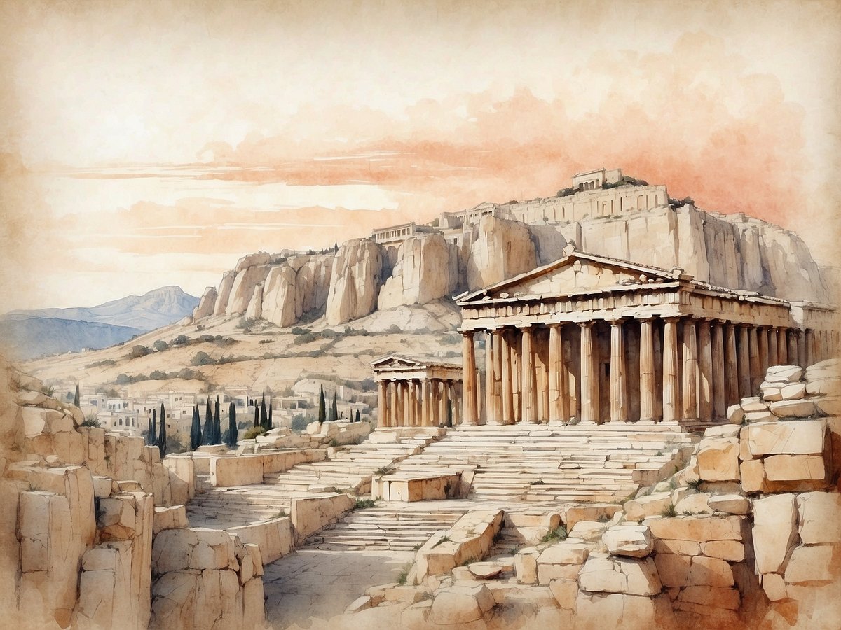 Ein beeindruckendes Aquarell zeigt die antiken Ruinen des Parthenon in Athen, umgeben von majestätischen Felsen und einer sanften Hügelkette. Die konstruktiven Überreste der Tempelanlage und die gedrungenen Säulen des Parthenon heben sich deutlich vor dem weichen Farbverlauf des Himmels ab, der von sanften rosa und orangenen Tönen geprägt ist. Im Vordergrund sind zerklüftete Steine und Treppen zu erkennen, die in die historische Landschaft führen. Die gesamte Szenerie vermittelt den Eindruck von zeitloser Schönheit und erinnert an die glorreiche Vergangenheit Athens.