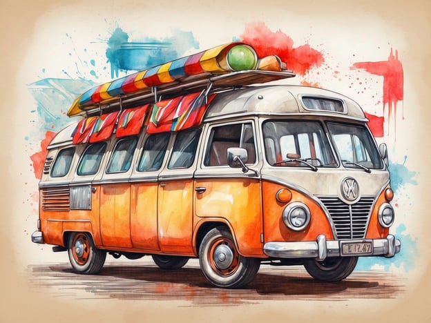 Das Bild zeigt einen farbenfrohen VW-Bus, der eine nostalgische Atmosphäre ausstrahlt. Solche Fahrzeuge werden oft mit Veranstaltungen und Festivals in Verbindung gebracht, insbesondere mit Musikfestivals oder Roadtrips. Sie sind beliebt für Camping-Events oder als mobile Verkaufsstände auf Straßenfesten. Der VW-Bus könnte perfekt geeignet sein, um Freunde zu einem Festival zu fahren, Getränke und Snacks bereitzustellen oder einfach die Freiheit des Reisens und die Freude an gemeinschaftlichen Erlebnissen zu symbolisieren.