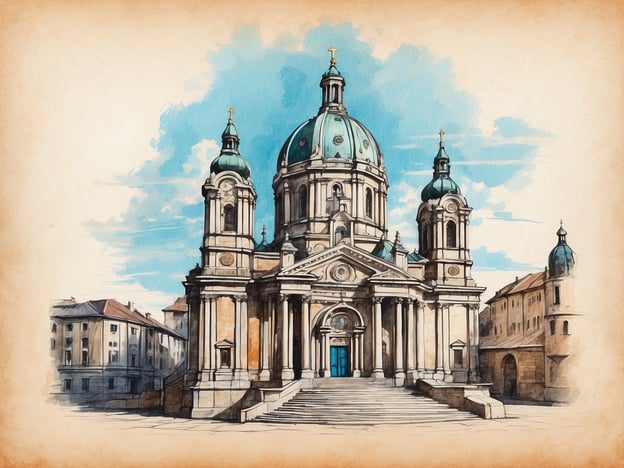 Auf dem Bild ist eine prächtige Kirche mit einer markanten Kuppel und mehreren Türmen zu sehen, umgeben von historischen Gebäuden. Diese Darstellung könnte an die Architektur erinnern, die man in vielen Städten Deutschlands findet, jedoch nicht speziell in Idar-Oberstein. 

Idar-Oberstein ist bekannt für seine Geschichte mit der Edelsteinschleiferei und dem Handelsgewerbe. Die Stadt liegt malerisch zwischen dem Idarwald und der Nahe und hat sich durch ihre Tradition im Edelsteinhandwerk einen Namen gemacht. Die Faszination für Schmuck und die Verarbeitung von Edelsteinen zieht viele Touristen an. Historische Bauwerke, die oft den Reichtum dieser Tradition widerspiegeln, prägen das Stadtbild, auch wenn sie sich nicht direkt mit der abgebildeten Kirche identifizieren lassen.