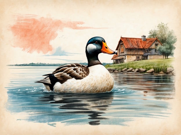 Auf dem Bild ist eine Ente zu sehen, die im Wasser schwimmt. Im Hintergrund steht ein typisches ländliches Haus mit einem Rotdach, umgeben von einer grünen Landschaft. Dies könnte an die idyllische Natur und die ländliche Atmosphäre von Eiderstedt erinnern, wo die Tierwelt und die sanften Wasserflächen eng miteinander verbunden sind. Die Umgebung spiegelt die Ruhe und Schönheit der Region wider, die bekannt ist für ihre landschaftliche Vielfalt und ihren Reichtum an Flora und Fauna.