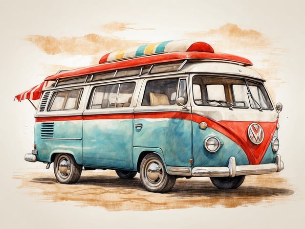 Auf dem Bild ist ein farbenfroher Volkswagen-Bus zu sehen, der perfekt für verschiedene Aktivitäten und Veranstaltungen geeignet ist. Er könnte für einen Ausflug ans Meer genutzt werden, wo man surfen oder picknicken kann. Der Bus hat eine Dachbox für Surfbretter und könnte auch ein Ort für Camping-Events sein. Diese Art von Fahrzeug ist ideal für Roadtrips mit Freunden oder der Familie, um Abenteuer in der Natur zu erleben oder an Musikfestivals teilzunehmen.