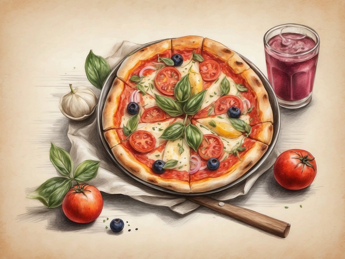 Eine frisch gebackene Pizza liegt auf einem Holzbrett, garniert mit Tomaten, frischem Basilikum und blauen Beeren. Daneben steht eine Knoblauchzehe und zwei rote Tomaten. Im Hintergrund befindet sich ein Glas mit einem dunkel roten Getränk. Der Tisch ist dekoriert mit einem leichten, natürlichen Stoff. Dieses Bild vermittelt die kulinarische Vielfalt Italiens, von der Pizza in Neapel bis zu den frischen Zutaten, die in der italienischen Küche verwendet werden.