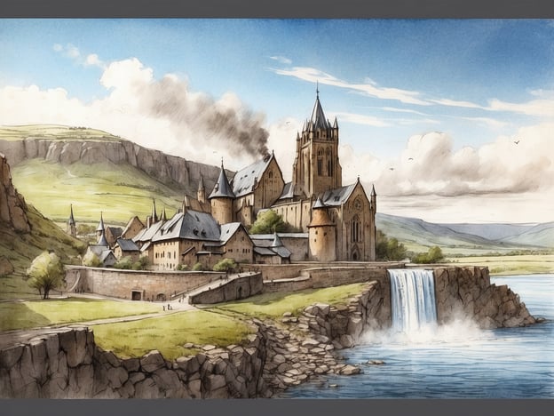 Auf dem Bild sieht man eine malerische Landschaft mit einer beeindruckenden Burg oder Kirche, die majestätisch an einem Wasserfall und einem Fluss liegt. Wenn du in Andernach bist, kannst du ähnliche historische Orte und wunderschöne Naturlandschaften erkunden. Hier sind einige Aktivitäten und Ausflüge, die du unternehmen kannst:

1. **Burg Namedy**: Besuche die romantische Burg Namedy, die oft für Veranstaltungen und Führungen geöffnet ist.

2. **Rundgang durch die Altstadt**: Erkunde die charmante Altstadt von Andernach mit ihren alten Gebäuden und dem historischen Stadtbild.

3. **Rheinpromenade**: Mache einen Spaziergang entlang der Rheinpromenade und genieße die herrliche Aussicht auf den Fluss.

4. **Geysir Andernach**: Besuche den höchsten Kaltwassergeysir der Welt – ein faszinierendes Naturphänomen.

5. **Radfahren und Wandern**: Nutze die zahlreichen Rad- und Wanderwege in der Umgebung, um die schöne Landschaft zu erkunden.

Diese Aktivitäten bieten eine tolle Möglichkeit, die Geschichte und Natur der Region zu genießen!