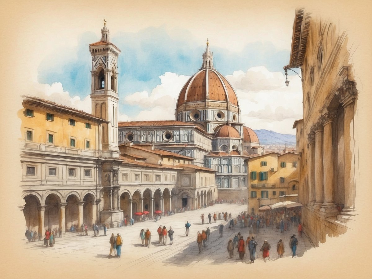 Das Bild zeigt einen malerischen Blick auf eine belebte Piazza in Florenz, umgeben von historischen Gebäuden im Renaissance-Stil. Im Hintergrund erhebt sich die beeindruckende Kuppel der Kathedrale von Florenz, gekrönt von einem Laternenaufsatz. Links ist der Glockenturm zu sehen, der durch seine filigranen Details und die charakteristische Architektur auffällt. Die Piazza ist mit zahlreichen Menschen gefüllt, die in Gruppen unterwegs sind oder an Ständen verweilen. Die warmen Farben der Gebäude und der blau-weiße Himmel tragen zur einladenden Atmosphäre dieses kulturellen Zentrums bei.