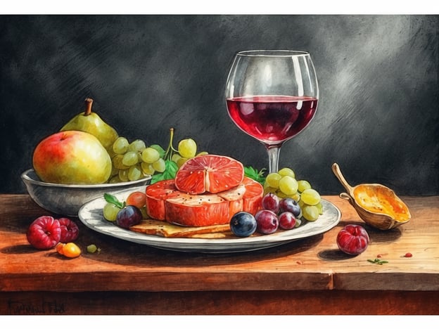 Auf dem Bild ist ein stilllebenartiges Arrangement von Früchten und Speisen zu sehen. Es enthält Äpfel, Birnen, Trauben sowie eine Auswahl an Wurst- oder Käsescheiben, ergänzt durch einige Beeren und ein Glas Rotwein.

Kulinarische Highlights in St. Goar umfassen regionale Spezialitäten wie den Rheinhessenwein, der oft perfekt zu einer Auswahl von Wurst- und Käseplatten passt. Zudem sind die malerischen Weinlokale entlang des Rheins bekannt für ihre ausgezeichneten Winzergerichte, die sich ideal mit den frischen, lokalen Zutaten kombinieren lassen. Ein Besuch in St. Goar bietet die Möglichkeit, diese kulinarischen Köstlichkeiten zusammen mit der wunderschöner Landschaft zu genießen.