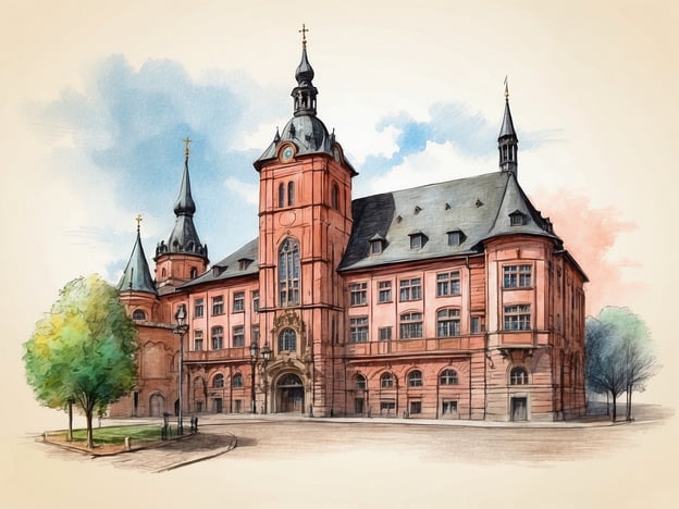 Auf dem Bild ist ein historisches Gebäude zu sehen, das große Ähnlichkeiten mit dem Alten Rathaus von Kaiserslautern aufweist. Kaiserslautern hat eine reiche Geschichte, die bis ins Mittelalter zurückreicht. Die Stadt wurde im 13. Jahrhundert gegründet und gewann schnell an Bedeutung durch ihre Lage und als Sitz verschiedener herrschaftlicher Institutionen.

Das Alte Rathaus, das auf dem Bild von einem Künstler im Aquarellstil dargestellt sein könnte, ist ein wichtiges Wahrzeichen der Stadt. Es wurde im neugotischen Stil erbaut und zeigt eindrucksvolle architektonische Details. Die markanten Türme und das rote Mauerwerk sind typisch für die Bauweise in dieser Region. 

Kaiserslautern ist nicht nur für seine historische Baukunst bekannt, sondern auch für seine Verbindung zur Technik und zu Universitäten, die für ihre Forschungsleistungen geschätzt werden.