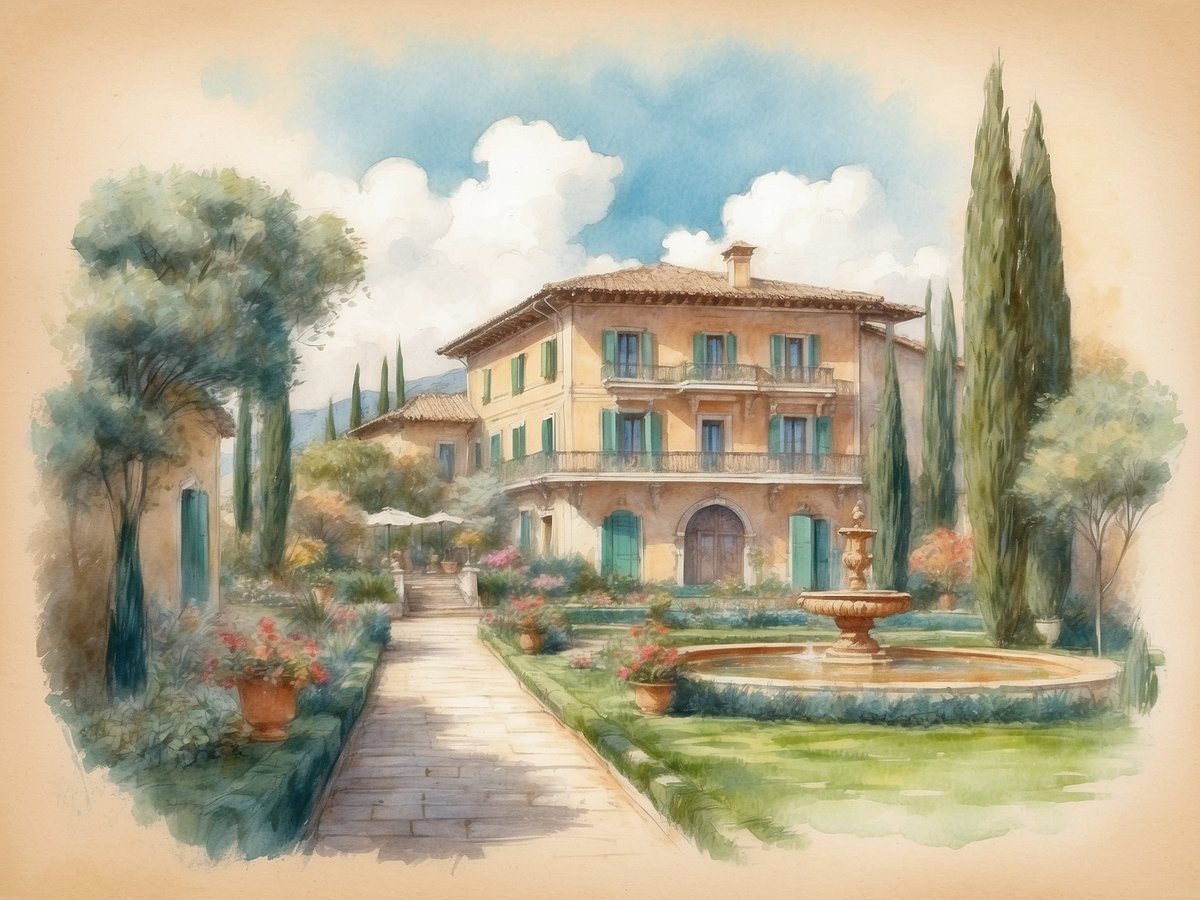 Eine malerische Villa im italienischen Stil mit sanften Farben und großen Fenstern ist von einem exquisiten Garten umgeben. Ein gepflasterter Weg führt zur Villa und ist gesäumt von blühenden Blumen in großen Töpfen. In der Mitte des Gartens befindet sich ein schöner Brunnen, der von saftigem Grün und bunten Pflanzen umgeben ist. Hohe Zypressen ragen in den Himmel, während weiße Wolken einen klaren blauen Himmel kontrastieren. Ein gemütlicher Tisch mit Stühlen unter einem Sonnenschirm lädt zum Verweilen ein und verleiht der Szene eine einladende Atmosphäre.