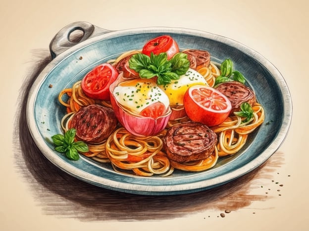 Auf dem Bild ist ein Teller mit Spaghetti zu sehen, der mit verschiedenen Zutaten wie Tomaten, Kräutern und möglicherweise Fleischbällchen oder Wurstscheiben dekoriert ist. Die Kombination erinnert an mediterrane Küche.

In Kaiserslautern gibt es viele kulinarische Genüsse zu entdecken, die ähnliche Aromen und Zutaten verwenden. Restaurants bieten oft italienische Spezialitäten an, in denen frische Pasta und aromatische Saucen eine große Rolle spielen. Es lohnt sich, die lokalen Gastronomien zu erkunden, um solche leckeren Gerichte zu probieren!