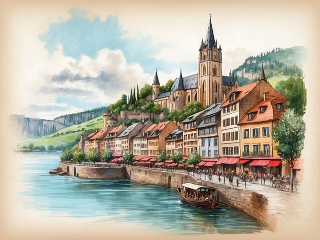 Auf dem Bild ist eine malerische Flusslandschaft mit einer Architektur zu sehen, die an historische Städte erinnert. Die Szenerie könnte an die Geschichte von Neuwied anknüpfen, einer Stadt, die im 18. Jahrhundert gegründet wurde und sich am Rhein befindet. 

Neuwied war ursprünglich eine Ansiedlung von französischen Einwanderern, die die Stadt unter dem Einfluss von Siedlungsbewegungen des aufgeklärten 18. Jahrhunderts entwickelten. Die St. Laurentius Kirche, die im Hintergrund des Bildes angedeutet sein könnte, spiegelt den historischen Einfluss der Region wider.

Die Uferpromenade mit den bunten Häusern und dem Boot im Wasser erinnert an die lebendige Rheinlage von Neuwied, wo sich Handel und Verkehr entlang des Flusses abspielten. Die Gestaltung des Stadtbildes könnte auch auf die Tradition des Rheins als Verkehrsweg hinweisen, der Neuwied über Jahrhunderte hinweg geprägt hat.