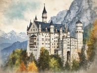 Erlebe die Magie der bayerischen Alpen und entdecke ein Märchenschloss, das wie aus einem Fantasy-Film entsprungen scheint.