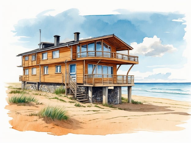 Auf dem Bild ist ein modernes, hölzernes Strandhaus zu sehen, das direkt am Meer steht. Das Haus verfügt über große Fenster und eine Terrasse, die einen herrlichen Blick auf den Strand und das Wasser bieten.

In Büsum gibt es zahlreiche gemütliche Übernachtungsmöglichkeiten, die eine ähnliche Atmosphäre wie das abgebildete Haus vermitteln. Dazu gehören Ferienwohnungen und -häuser, die oft in unmittelbarer Nähe zum Strand liegen. Besonders empfehlenswert sind Unterkünfte wie das **Strandhotel**, das familienfreundliche **Fewos** oder Ferienhäuser mit Meerblick. Diese bieten nicht nur Komfort, sondern auch die Möglichkeit, die Küstenlandschaft zu genießen.