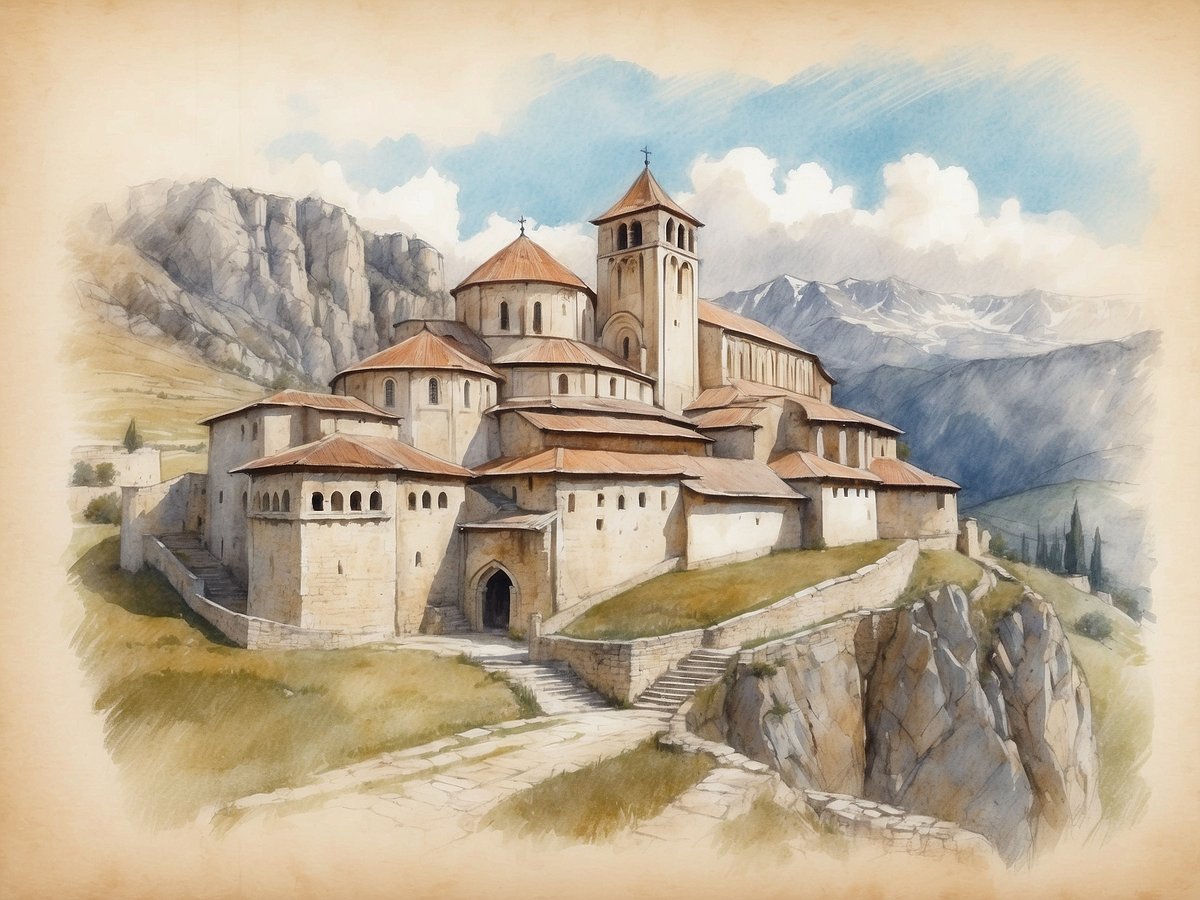 Das Bild zeigt ein majestätisches mittelalterliches Kloster, das auf einem Felsen errichtet wurde und von einer beeindruckenden Berglandschaft umgeben ist. Die Architektur des Klosters umfasst mehrere Kuppeln und Türme mit roten Dachziegeln, während die Fassade aus hellen Steinen besteht. Im Hintergrund erheben sich hohe Berge unter einem klaren Himmel mit einigen Wolken. Der Weg, der zum Kloster führt, ist aus Stein und windet sich durch die grüne Landschaft, die das historische Gebäude umgibt.
