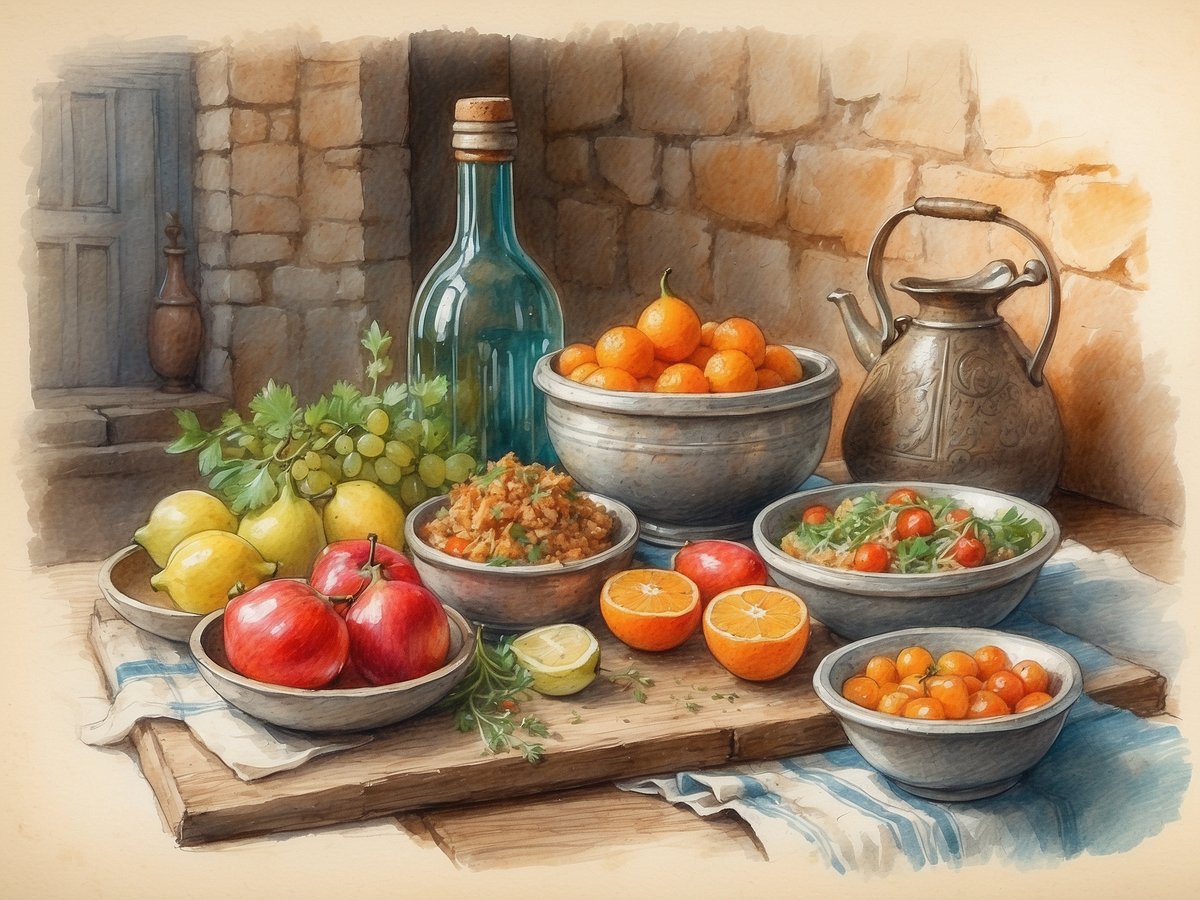 Auf dem Bild sind frische Lebensmittel und Zutaten in rustikalen Schüsseln und Tellern angeordnet. Es sind Äpfel, Zitronen, Mandarinen und kleine Tomaten zu sehen, sowie eine Schüssel mit einer bunten Gemüsemischung. Daneben steht eine grüne Glasflasche und ein dekorativer Edelstahlkrug. Im Hintergrund ist eine Steinmauer zu erkennen, die eine gemütliche Atmosphäre schafft. Ein gestreifter Küchentuch liegt auf dem Holztisch, der die natürliche und einladende Präsentation der kulinarischen Schätze Istriens unterstreicht.