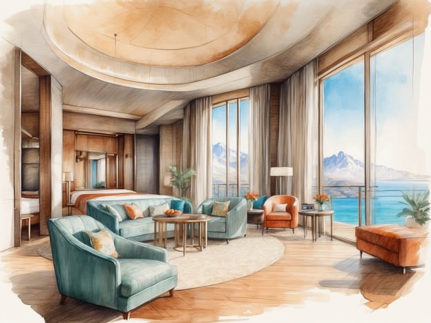 Auf dem Bild ist eine luxuriöse Unterkunft zu sehen, wahrscheinlich ein Hotelzimmer oder eine Suite. Die Einrichtung ist stilvoll und modern, mit bequemen Sofas und Sessel in sanften Farben. Ein runder Tisch in der Mitte bietet Platz für Getränke oder Snacks. Die großen Fenster ermöglichen einen beeindruckenden Blick auf eine Berglandschaft und das Wasser, was für eine entspannende Atmosphäre sorgt. Das Zimmer ist hell und freundlich gestaltet, mit Holzboden und eleganten dekorativen Elementen, die den Komfort der Unterkunft unterstreichen. Ingesamt vermittelt der Raum ein Gefühl von Eleganz und Entspannung.