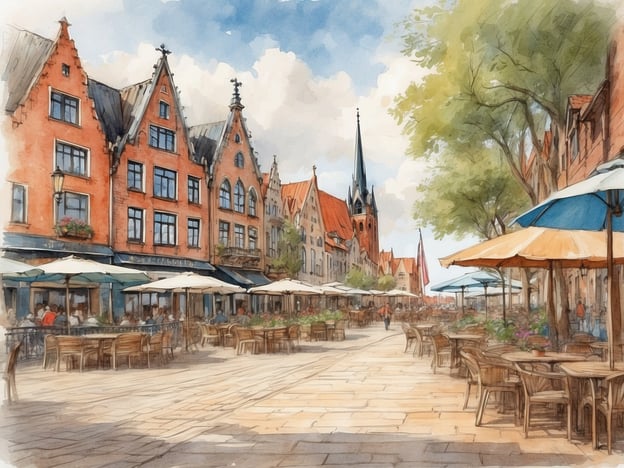 Auf dem Bild ist eine malerische Straße mit historischen Gebäuden zu sehen, die eine einladende Atmosphäre ausstrahlen. Die roten Ziegelhäuser haben hohe Giebel und große Fenster. An der Straße sind Cafés und Restaurants mit Sonnenschirmen und Tischen im Freien, was darauf hindeutet, dass man hier draußen gemütlich sitzen kann. Im Hintergrund ist ein markanter Kirchturm zu erkennen, der den Charakter des Ortes unterstreicht. Die Bäume und die Menschen, die die Straße entlang spazieren, verleihen dem Bild eine lebendige Stimmung.

In der Nähe von Travemünde gibt es ähnliche charmante Landschaften und Gebäude, die sich perfekt für einen entspannten Aufenthalt am Wasser anbieten. Travemünde selbst ist bekannt für seine schönen Strände und die maritime Atmosphäre, ideal für Erholung und Freizeitaktivitäten.