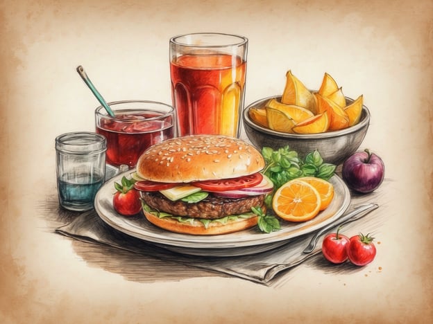 Auf dem Bild sind verschiedene Lebensmittel und Getränke zu sehen. Es gibt einen Hamburger mit Sesambrötchen, der mit Salat, Tomate und Käse belegt ist. Daneben liegt ein Teller mit frischem Obst, darunter Orangen, Äpfel und eine Pflaume. Außerdem sind mehrere Gläser mit Getränken zu sehen: eines mit klarem Wasser, eines mit einer roten, süßen Flüssigkeit und ein weiteres mit einem orangenen Getränk. Es wirkt insgesamt sehr einladend und frisch.