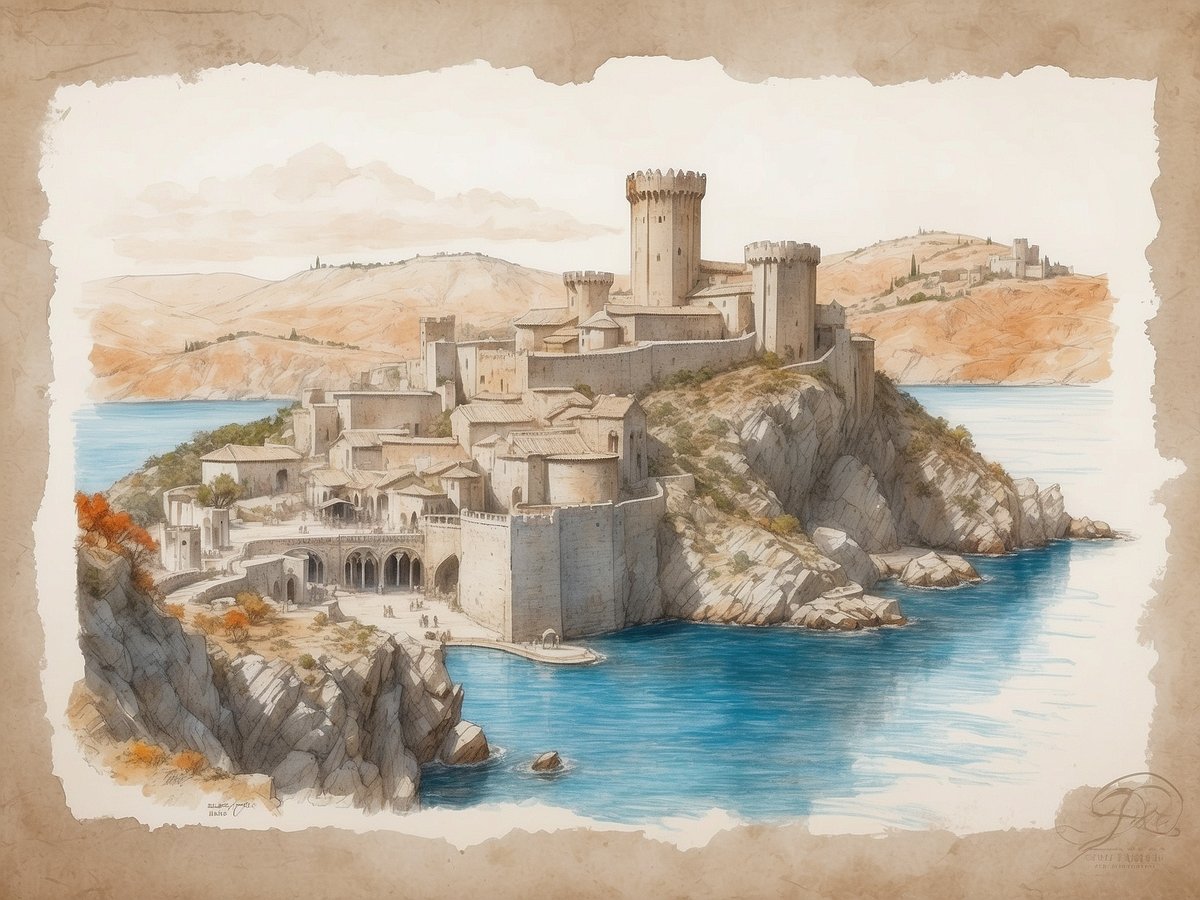 Die Illustration zeigt eine majestätische Burg auf einem Felsen, umgeben von klarem, blauem Wasser. Im Vordergrund sind einige schmale, gepflasterte Wege und alte Gebäude zu sehen, die zu der Burg führen. Die Architektur ist mittelalterlich, mit hohen Türmen und dicken Mauern, die den Eindruck von Stärke und Verteidigung erwecken. Im Hintergrund erheben sich sanfte Hügel, die die Szenerie abrunden und eine malerische Landschaft schaffen. Die Farben sind sanft und warm, was der gesamten Darstellung eine traumhafte Atmosphäre verleiht.