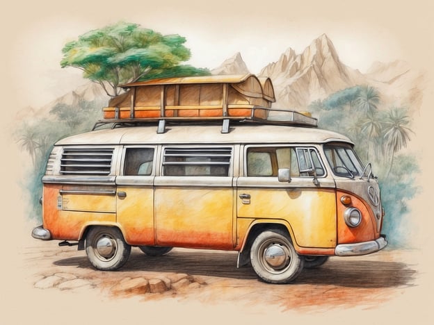 Auf dem Bild ist ein nostalgischer Volkswagen-Bus zu sehen, der oft mit Reisen und Freiheit assoziiert wird. Solche Fahrzeuge symbolisieren ein umweltbewusstes Lebensgefühl und die Möglichkeit, nachhaltige Abenteuer in der Natur zu erleben. 

Mit einem Bus wie diesem können Menschen umweltfreundlich reisen, während sie die Schönheit der Landschaft genießen. Sie stehen für den Trend des Camping und der Naturverbundenheit, wodurch das Bewusstsein für den Schutz der Umwelt gefördert wird. Solche Reisen laden dazu ein, nachhaltige Praktiken zu unterstützen und die Natur zu respektieren.