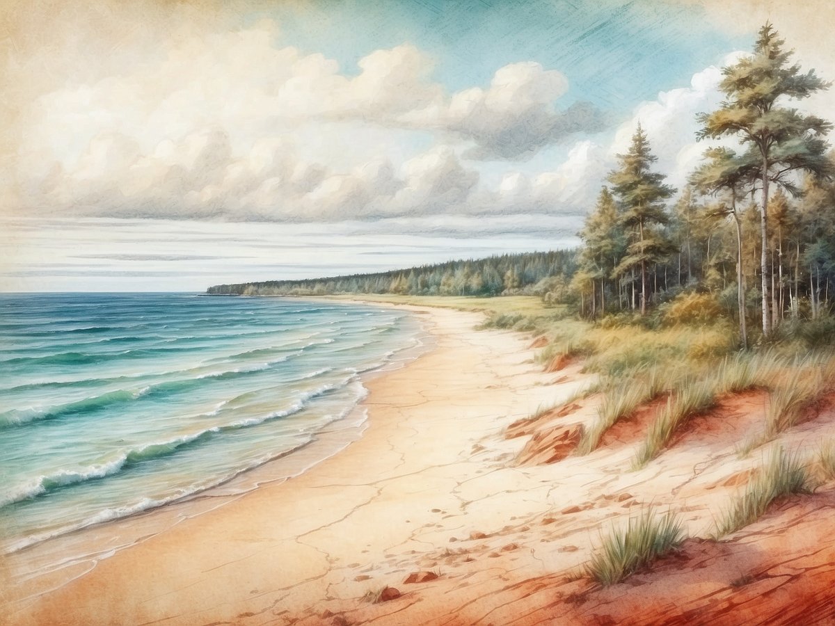 Ein ruhiger Strand von Lettland erstreckt sich entlang des Ufers, umgeben von sanften Wellen des klaren, blauen Wassers. Im Hintergrund sieht man eine bewaldete Küstenlinie mit hohen Nadelbäumen, die einen malerischen Kontrast zum feinen, goldenen Sand bieten. Der Himmel ist mit sanften, weißen Wolken bedeckt, die harmonisch über die Szenerie gleiten. Diese idyllische Landschaft vermittelt ein Gefühl von Ruhe und lädt dazu ein, die versteckten Küstenparadiese Lettlands zu entdecken.