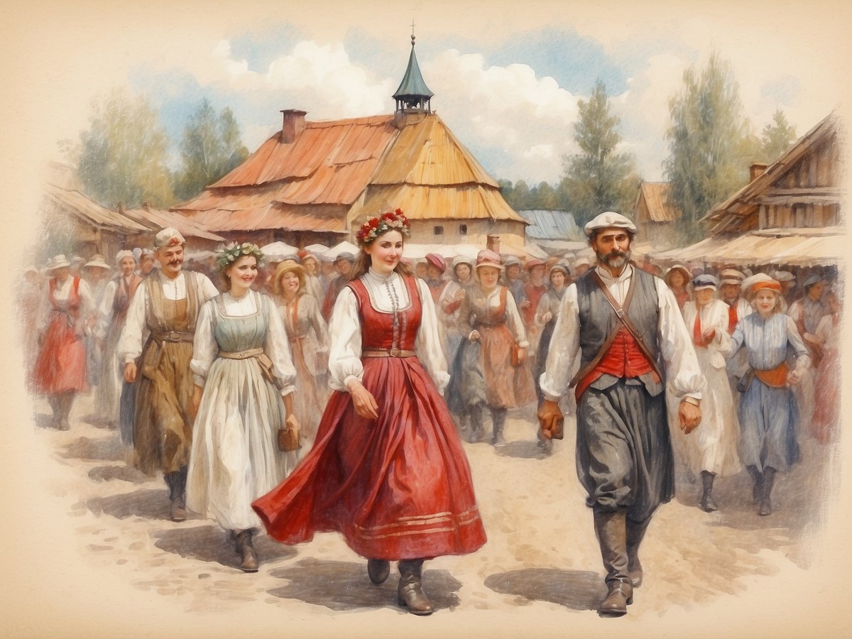 Eine Gruppe von Menschen in traditionellen lettischen Trachten versammelt sich auf einer Straße. Im Vordergrund gehen eine Frau in einem auffälligen roten Kleid mit einer Blumenkrone und ein Mann in einer grauen Hose und rotem Weste. Weitere Frauen und Männer folgen ihnen, alle tragen historische Kleidung aus verschiedenen Stoffen und Farben. Im Hintergrund sind ländliche Holzhäuser zu sehen, und der Himmel ist blau mit einigen Wolken, was eine festliche Atmosphäre ausstrahlt. Die Szene vermittelt den Eindruck eines traditionellen Festes, das die lettische Kultur und Handwerkskunst feiert.