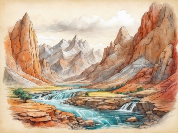 Auf dem Bild ist eine beeindruckende Landschaft zu sehen. Es zeigt hohe, orangefarbene Felsen und majestätische Berge im Hintergrund, die teils schneebedeckt sind. In der Mitte fließt ein klarer Fluss, der von kleinen Wasserfällen durchzogen wird. Am Ufer des Flusses wachsen einige Bäume, die der Szenerie Leben verleihen. Die sanften Hügel und die abwechslungsreiche Farbgebung der Felsen und des Wassers laden zur Erkundung der Umgebung ein. Hier scheint die Natur in ihrer unberührten Form präsent zu sein, ideal für Wanderer und Naturliebhaber.