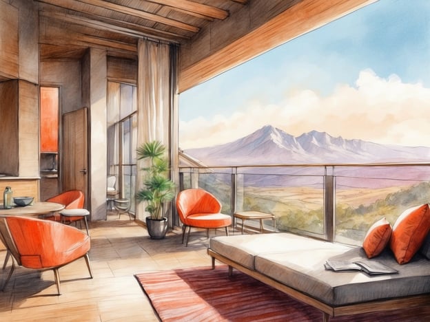 Auf dem Bild ist eine stilvolle und komfortable Unterkunft zu sehen. Der Raum verfügt über große Fenster, die einen herrlichen Blick auf eine Berglandschaft bieten. Die Einrichtung ist modern und einladend, mit leuchtend orangefarbenen Stühlen und einem bequemen Liegesofa. Es gibt einen Tisch, umgeben von Stühlen, und eine Pflanze sorgt für eine frische Atmosphäre. Die warmen Farbtöne und das Holzdekor schaffen eine gemütliche und entspannende Umgebung, ideal für Erholung und Genuss.