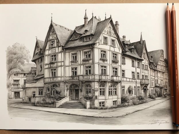 Auf dem Bild ist eine detaillierte Zeichnung eines historischen Gebäudes zu sehen, das möglicherweise eine Unterkunft oder ein Hotel darstellen könnte. Die Architektur ist geprägt von Fachwerk-Elementen, großen Fenstern und einem einladenden Eingang. Solche Gebäude sind häufig in malerischen Städten zu finden und könnten Gästen komfortable Übernachtungsmöglichkeiten bieten. Die Umgebung scheint ebenfalls charmant zu sein, was die Attraktivität für Reisende erhöht, die nach einer einzigartigen Unterkunft suchen.